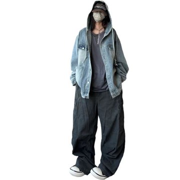 美式vintage牛仔外套男寬松連帽工裝上衣春秋季潮牌水洗休閑夾克