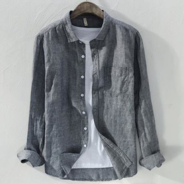 春夏季亞麻襯衫外套男長袖寬松休閑棉麻襯衣薄款上衣復古麻布衣服