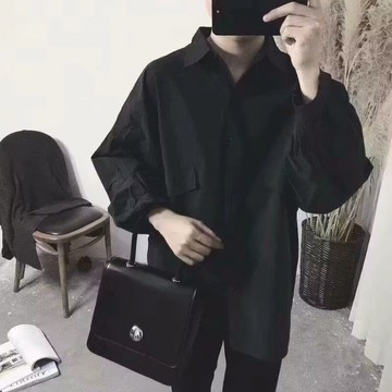 國潮日系暗黑風慵懶素色明線長袖襯衫男 寬鬆襯衫薄外套男