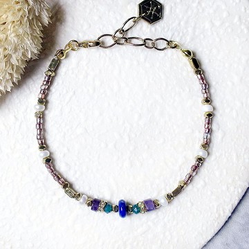 VIIART。洪流。青金石紫水晶珍珠古著金黃銅手鍊| 天然石VINTAGE