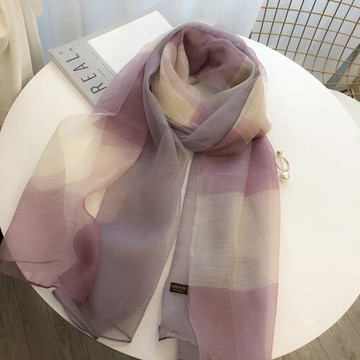 高檔紫色格子拼色紗巾薄桑蠶絲絲巾長款披肩羊毛真絲圍巾女春秋冬