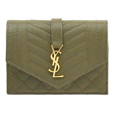 YSL 651027 金屬LOGO粒紋縫線扣式卡片零錢包.橄欖綠