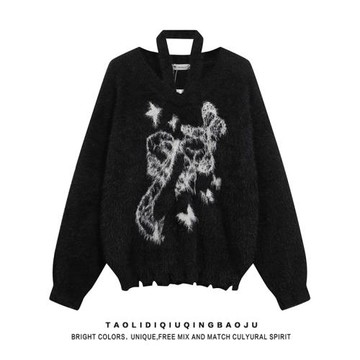 韓系慵懶風掛脖露肩V領毛衣女2026冬季寬松百搭休閑軟糯針織上衣