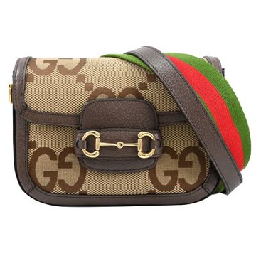 GUCCI 古馳  Horsebit 1955 經典馬銜扣緹花帆布斜背馬鞍包/學院包(駝/深棕)