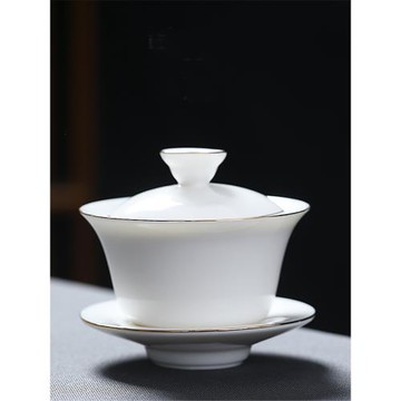 羊脂玉瓷蓋碗手工描金三才碗陶瓷敬茶杯大容量泡茶碗功夫茶具套裝