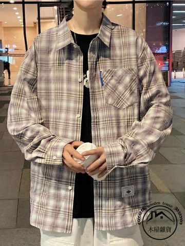 格子長袖襯衫男士夏季薄款休閒寬鬆立領寸衣春秋外套【木屋雜貨】