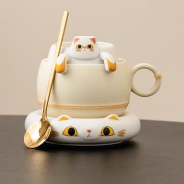 趴趴貓咖啡杯女士精致辦公室杯子陶瓷馬克杯碟套裝拿鐵拉花杯