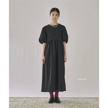 moi 凹凸小格子 紋理面料 后背排扣 系帶復古純色淡色系連衣裙