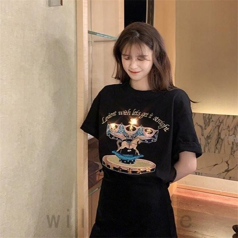 Tシャツメリーゴーランド刺繍韓国オルチャンストリートかわいい原宿系