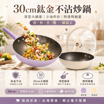 【瑞鴻百貨|台灣現貨】STARKSTE 30cm鈦金不沾炒鍋 深型平底鍋 附玻璃鍋蓋 少油煎炒 全爐具適用 深型炒鍋