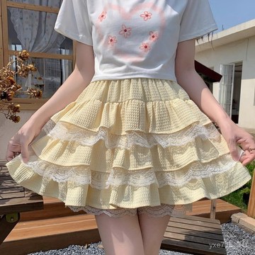 【臺灣出貨】🍋甜妹風蕾絲蛋糕裙女 小個子半身裙 高腰百褶裙 a字蓬蓬短裙 芭蕾裙 A字短裙 白色蛋糕裙 蓬蓬裙 有安全褲