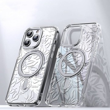 16/15/14/13/12/S25/S24/S23 浮雕感360旋轉磁吸立架殼-透明玫瑰