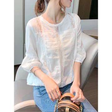 2026春季女裝新款雪紡衫女七分袖韓版寬松薄款圓領小衫蕾絲上衣潮