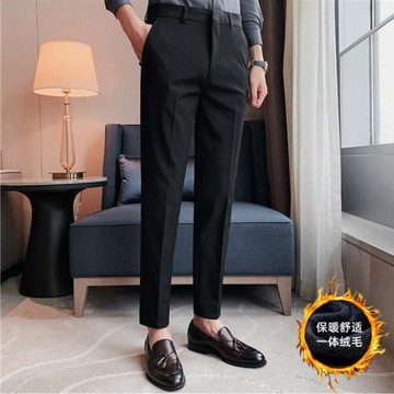 英倫商務修身設計感刺繡小腳西裝褲男秋冬季加絨休閑九分褲西褲潮