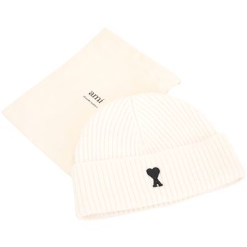 AMI PARIS Red Ami De Coeur 黑愛心A補丁反摺羅紋美麗諾羊毛帽(白色)