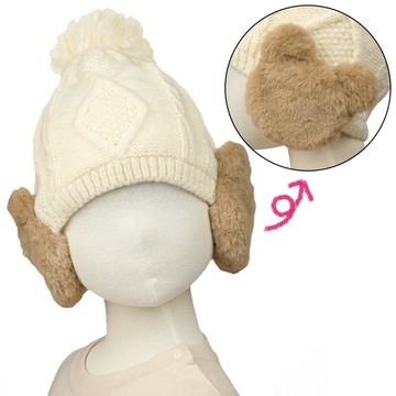 akachan honpo - 小熊耳罩針織帽-米白色