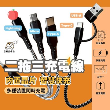 【日青充電線🔥】適用i16 二拖三編織傳輸線充電線快充線 適用Lightning/TypeC/安卓MicroUSB