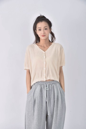 (XL) 排扣杏色短袖上衣
