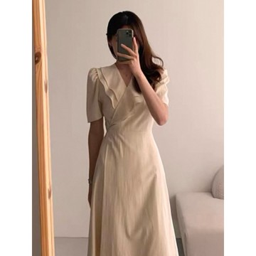 【ʟɪᴏɴɴ現貨】韓系氣質黑色米色短袖洋裝 收腰洋裝 短袖洋裝 女裝 夏天洋裝 裙子 米色洋裝 黑色洋裝 正式洋裝 洋裝