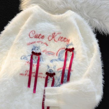 日系可愛蝴蝶結貓咪仿水貂毛毛衣女冬季學院風慵懶情侶圓領針織衫