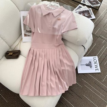 法式OL職業制服夏季女裝學院風polo領連衣裙收腰百褶A字裙小個子