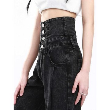 大碼胖妹妹美式復古闊腿牛仔褲女春秋超高腰收腹顯瘦拖地直筒長褲