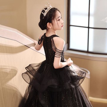 女童晚禮服高端輕奢小眾生日公主裙黑色兒童主持人鋼琴演奏演出服