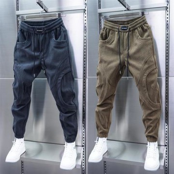 2024男士新款條絨拼接束腳休閑褲純色束腳彈力松緊腰百搭小腳褲