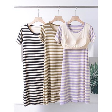 夏莫代爾帶胸墊文胸一體薄款條紋短袖家居睡裙寬松居家睡衣連衣裙