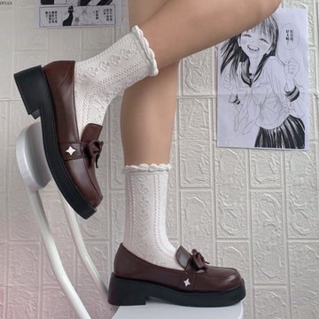 原創日系圓頭厚底蝴蝶結小皮鞋一腳蹬女鞋學院風JK制服鞋洛麗塔鞋