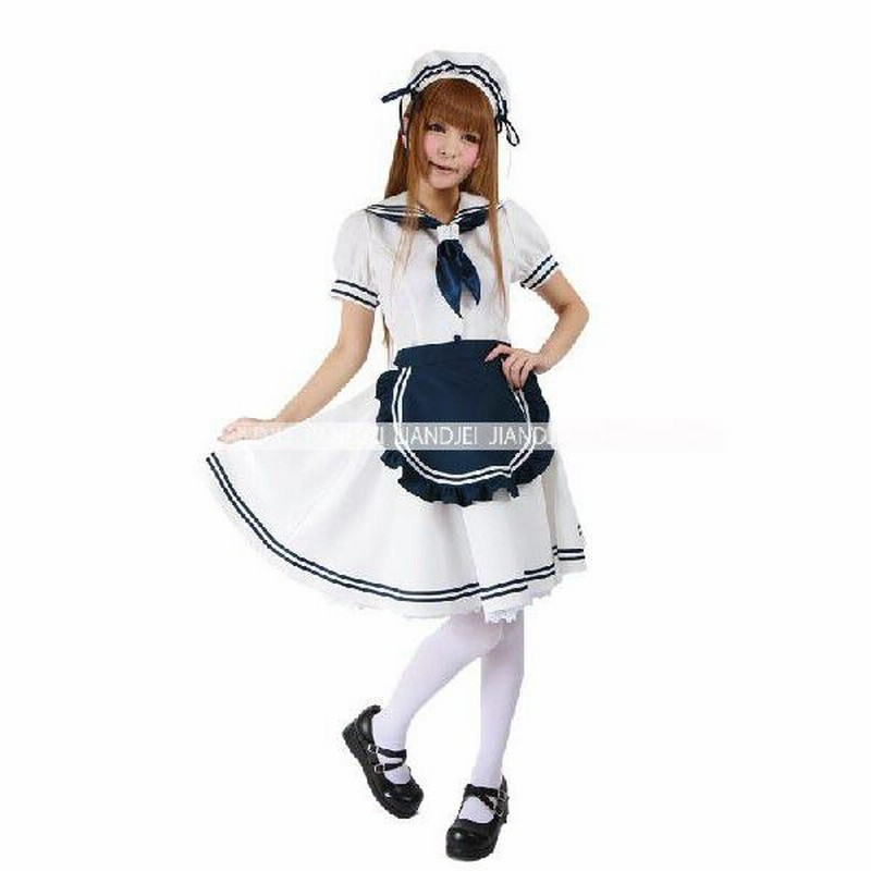 ネイビーとホワイトのメイド服 セーラー服メイド衣装コスプレ/エプロン付 スカーフ付メイド服