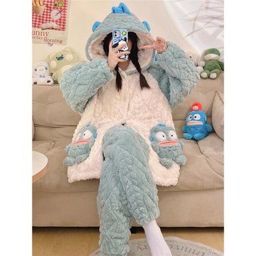 睡衣女款珊瑚絨三層夾棉襖冬季加厚加絨法蘭絨冬天可愛卡通家居服