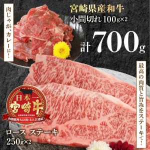 宮崎牛 ロース ステーキ 250g×2 宮崎県産和牛小間切れ 100g×2 計700g　N0147-ZB526