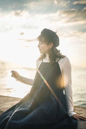 藍色麻質荷葉邊吊帶連身裙子