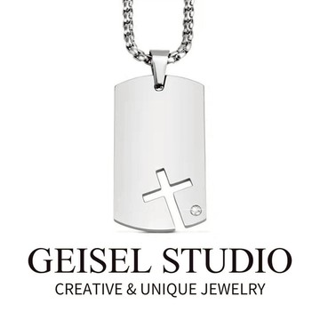 【GEISEL】十字鑲鑽吊牌項鍊 中性項鍊 男生項鍊 潮款鈦鋼項鍊 中性項鍊 不鏽鋼項鍊(B-091)