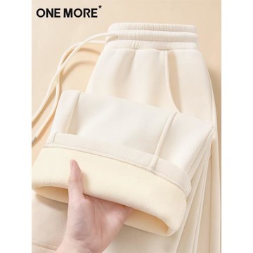 one more加絨褲子女春秋冬季2025新款小個子寬松直筒白色闊腿褲Y
