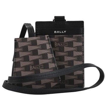 BALLY 6308865 BADGE 幾何LOGO頸掛卡片鑰匙圈證件夾.黑/深棕