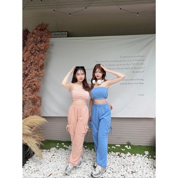 現貨 💘韓系平口背心(附罩杯)+綁帶立體口袋縮口褲 兩件套 可拆式罩杯 彈力 可分開搭配 縮口褲套裝 休閒套 平口套裝