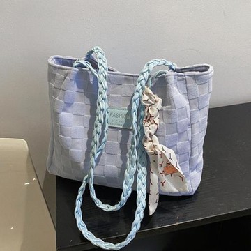 大容量包包女2022新款編織手提包棋盤格購物袋上課絲巾通勤托特包