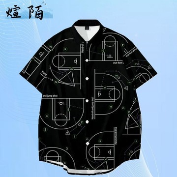 夏季新款周遊記周杰倫同款黑色襯衫籃球戰術印花男士休閒半袖襯衣寬短版襯衫 短袖襯衫 boxy襯衫 短版襯衫 素面襯衫 襯衫