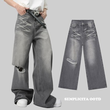 【SEMPLICITA】韓國 Baggy 單邊 刷破 刷色 牛仔褲 長褲 寬版 闊腿 男女皆可