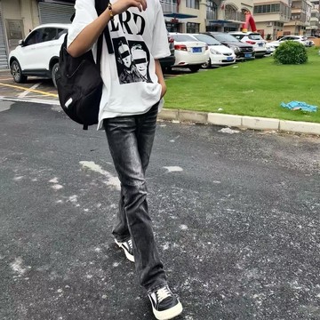 【臺灣出貨】2025新款美式高街vibe風緊身牛仔褲男 重磅水洗黑灰vintage517質感微喇修身痞帥牛仔褲男