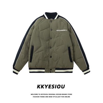 KKyesiou美式復古刺繡夾棉加厚工裝棉衣男女飛行員棒球服情侶外套
