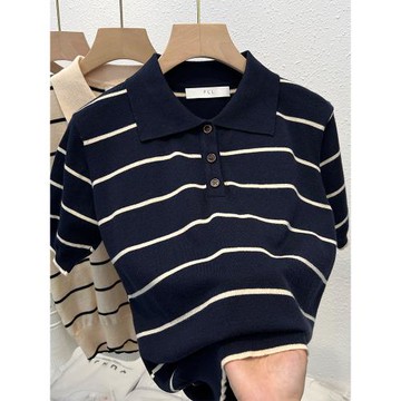 正肩短袖t恤女夏季休閑POLO衫翻領冰絲針織衫高級感透氣百搭上衣