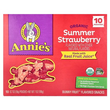 Annie's Homegrown, 有機兔子水果™ 零食，夏日草莓味，10 袋，每袋 0.7 盎司（19 克）