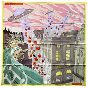 HERMES 經典SPACE SHOPPING AU FAUBOURG 90 圖騰絲巾(玫瑰粉色/黃)