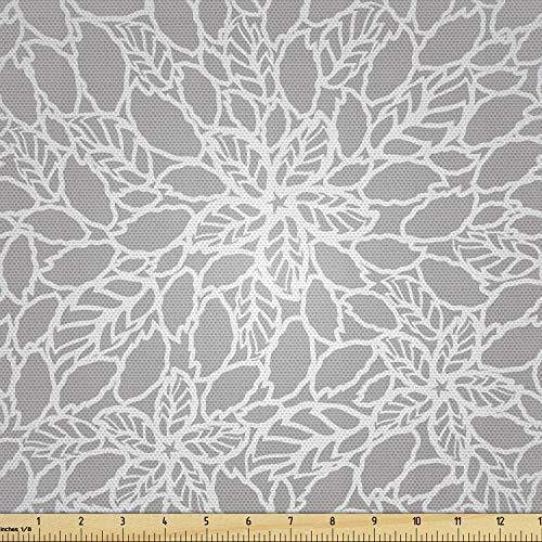 Lunarable Grey Fabric by The Yard, Leaves and Flowers Lace Style Pattern Cl