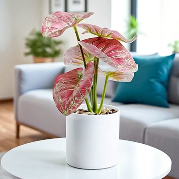 室內桌上型蘋果海芋仿真綠植  1套  仿真花 紅色 + 花器 白色