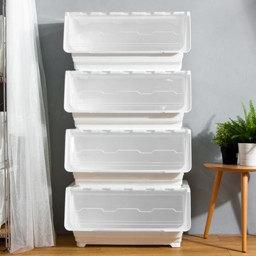 【預購】59大面寬典雅斜口上掀式可堆疊附輪加厚收納箱(72公升-4入組) 024106 純白款 (白色掀蓋)