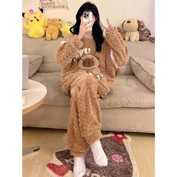 卡皮巴拉珊瑚絨睡衣女款秋冬季加絨加厚可愛學生加大碼胖mm家居服